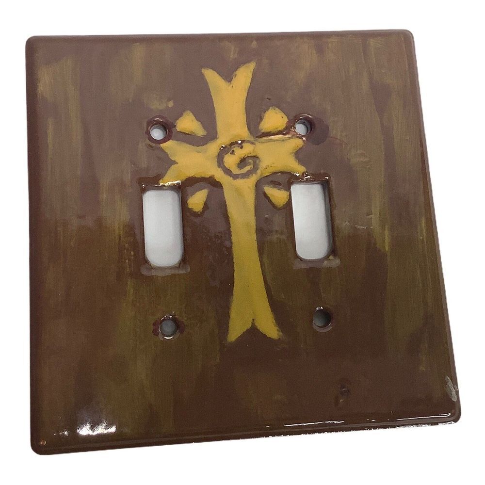 Cross Religious Ceramic‎ Two Toggle Switch Plate Outlet Cover Brown Yellow 5"x5"